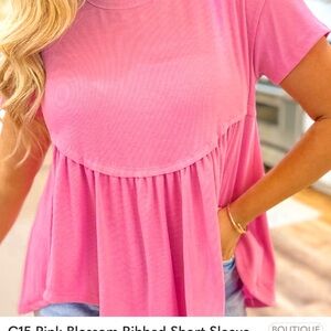C15 Pink Blossom Ribbed Short Sleeve Babydoll Top